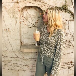 Floral Green Ruched Long Sleeve Top